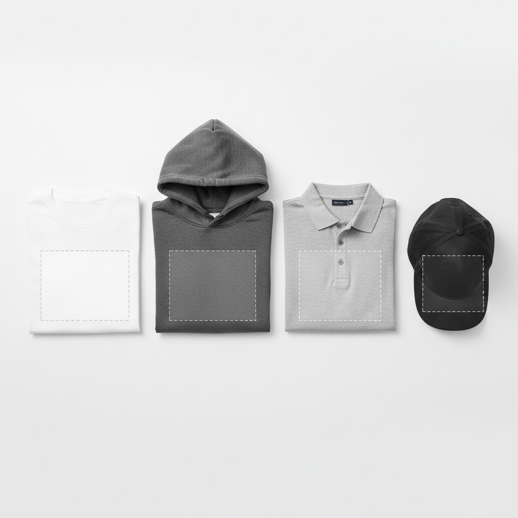 A row of different blank apparel items neatly arranged on a matte white background: a crewneck T‑shirt, a hoodie, a polo shirt, and a baseball cap, all in solid neutral colors like white, black, and light gray. Each garment is perfectly smoothed, clearly showing seams, collars, and stitching, with a faint translucent overlay area on each indicating customizable print zones. Soft, even studio lighting eliminates harsh shadows and showcases true fabric textures and colors. The composition is wide and symmetrical, shot from directly above in precise photographic realism, conveying variety and professionalism while remaining clean, minimal, and ideal for a customization catalog hero image.