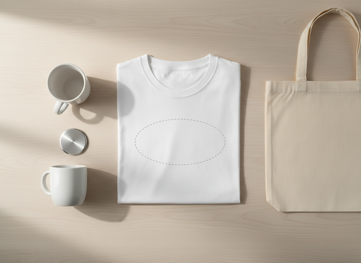 A neatly folded custom white cotton T‑shirt laid flat on a clean, light wood tabletop, its surface featuring a mockup area in the center framed by a subtle dotted outline, inviting any logo, photo, or text design. Surrounding it are neatly arranged blank accessories: a plain canvas tote, an empty ceramic mug, and a smooth metal badge, all in neutral tones. Soft daylight from a nearby window washes over the scene, creating gentle, realistic shadows and a calm, professional atmosphere. Shot from a directly overhead, bird’s‑eye view with sharp focus throughout, photographic realism, minimalist and modern composition ideal for showcasing versatile customization possibilities without any pre‑printed graphics.