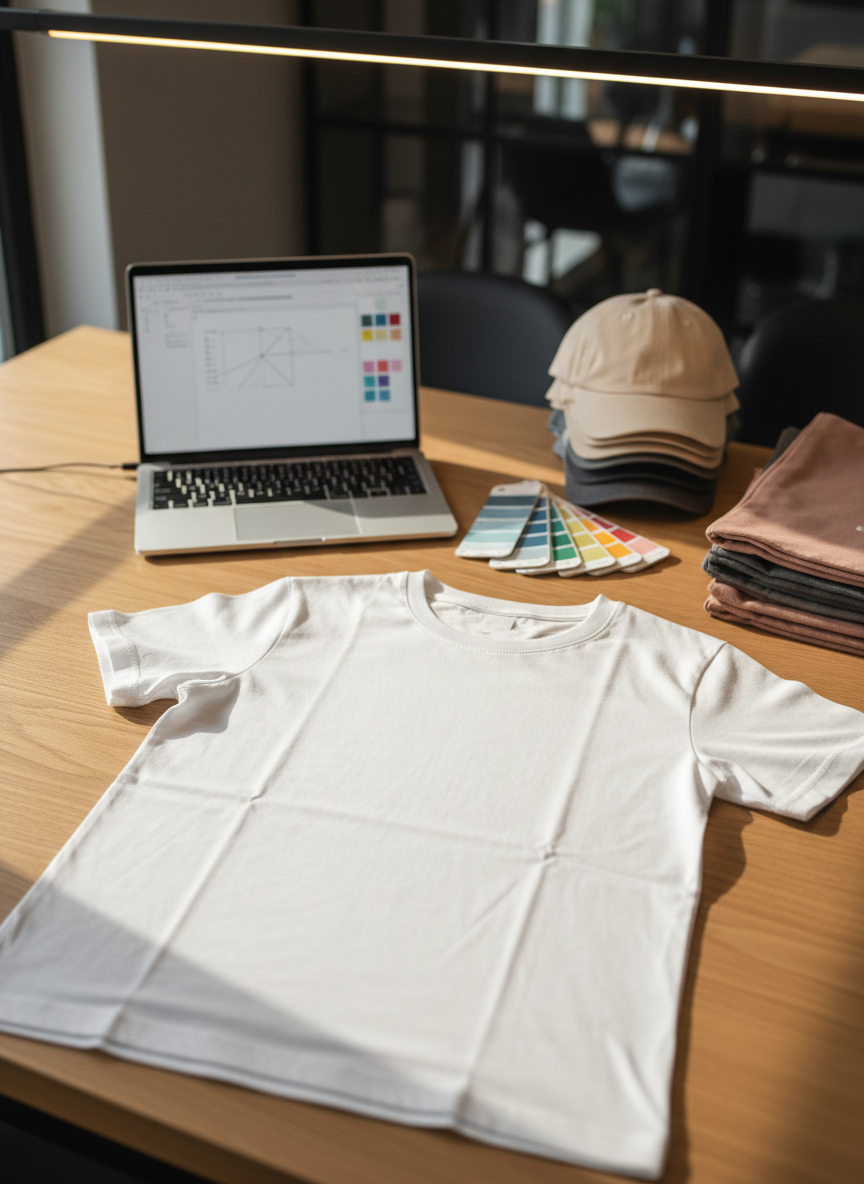 A modern workspace tabletop scene featuring a blank white T‑shirt spread smoothly in the center, next to an open laptop displaying a faint, out-of-focus design interface and color swatches scattered on the side. Beside the shirt lies a fabric color chart fan and a neatly arranged set of folded blank caps and tote bags in muted tones. Natural daylight from an unseen side window mixes with soft overhead lighting, creating a bright yet cozy atmosphere. Photographic realism, shot from a slightly elevated angle following the rule of thirds, keeping the T‑shirt in crisp focus while the laptop and tools fade into a gentle bokeh, conveying an easy, creative custom-design process.