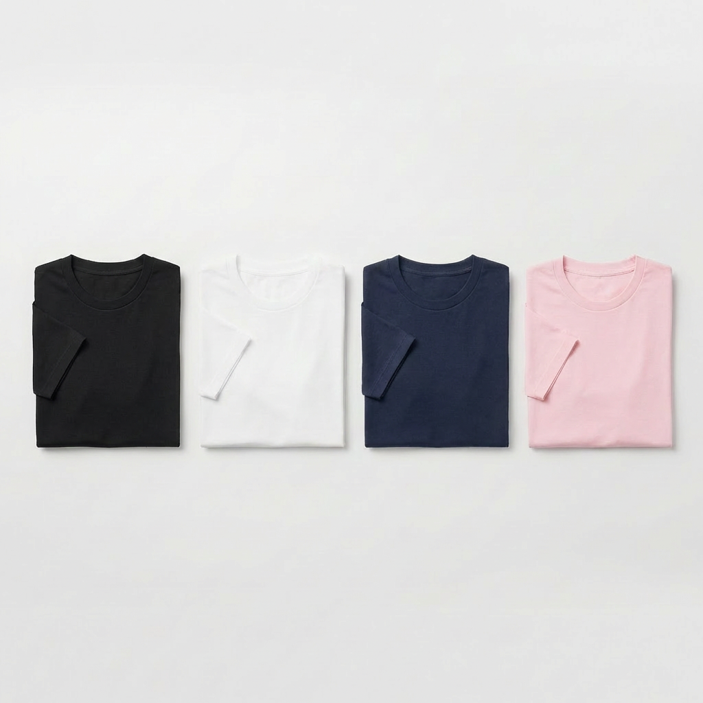 A row of different blank apparel items neatly arranged on a matte white background: a crewneck T‑shirt, a hoodie, a polo shirt, and a baseball cap, all in solid neutral colors like white, black, and light gray. Each garment is perfectly smoothed, clearly showing seams, collars, and stitching, with a faint translucent overlay area on each indicating customizable print zones. Soft, even studio lighting eliminates harsh shadows and showcases true fabric textures and colors. The composition is wide and symmetrical, shot from directly above in precise photographic realism, conveying variety and professionalism while remaining clean, minimal, and ideal for a customization catalog hero image.